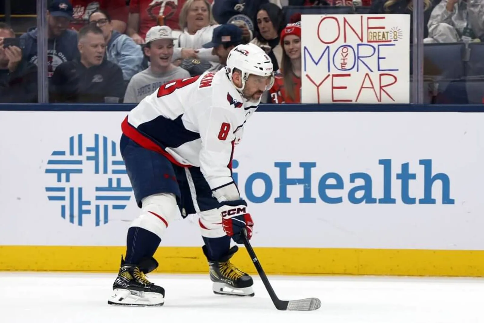 Washington Capitals left wing Alex Ovechkin waits for a faceoff in a 2026 game against the Columbus Blue Jackets.