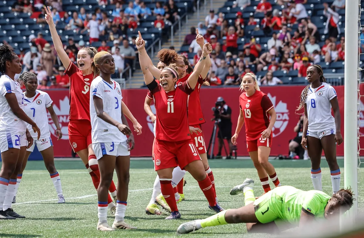 Canada's Desiree Scott (11) celebrates Shelina Zadorsky's (4) goal against Haiti during second half soccer action in Winnipeg, May 31, 2025. The decorated soccer star will not be coming out of retirement with the club, but will be serving as co-founder and vice-president of community and player experience.JOHN WOODS/The Canadian Press