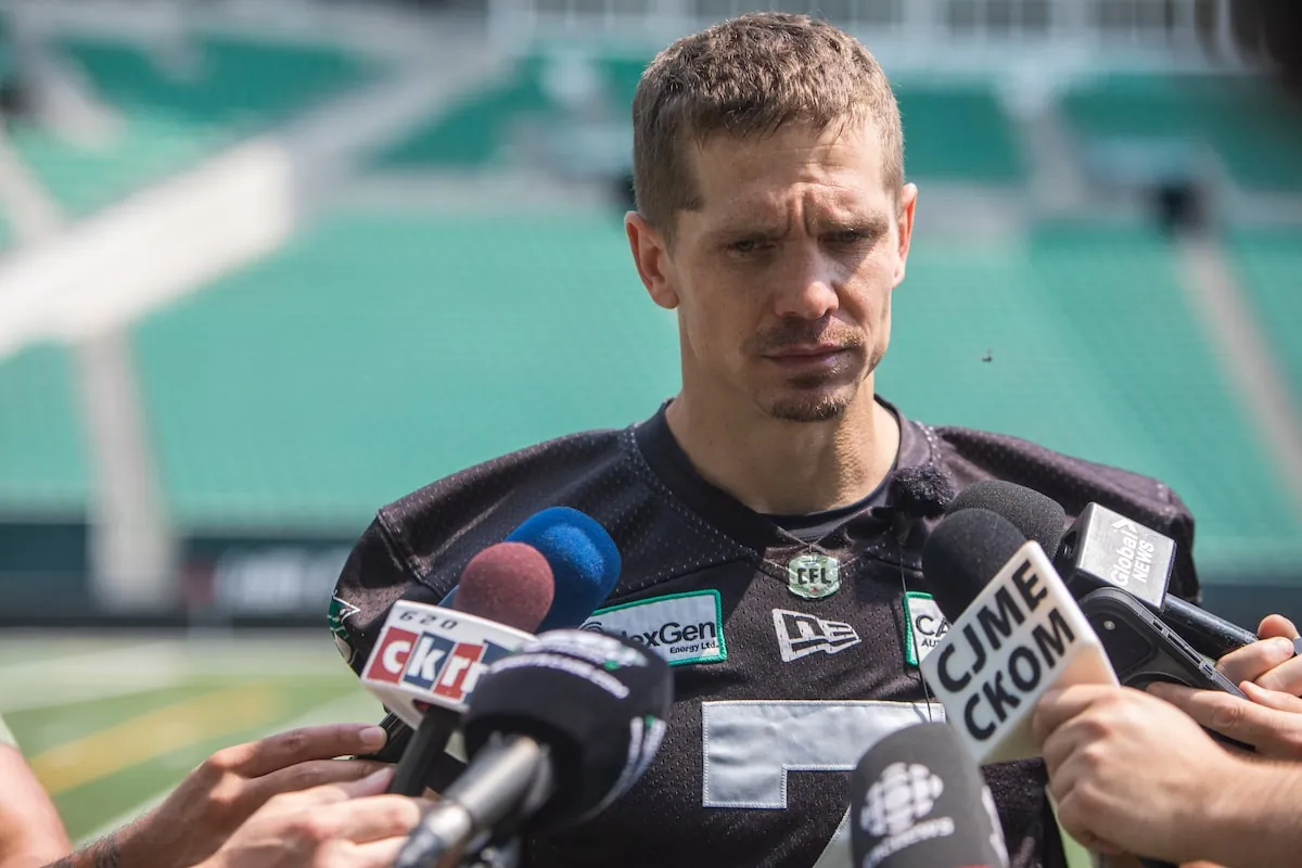 Saskatchewan Roughriders quarterback Trevor Harris speaks on the recent death of Roughriders player Jayden Dalke after practice at Mosaic Stadium, in Regina on Monday.Kayle Neis/The Canadian Press